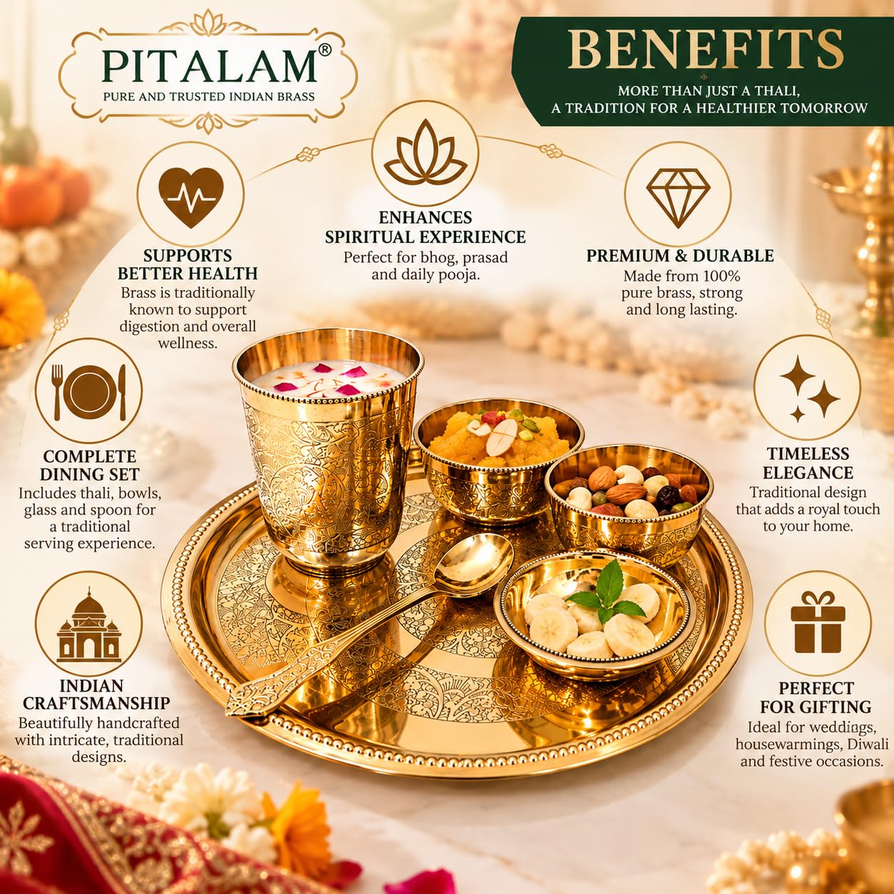 PITALAM Pure Brass Bhog Thali Set, 12 Inch, with Bowls, Glass & Spoon 4