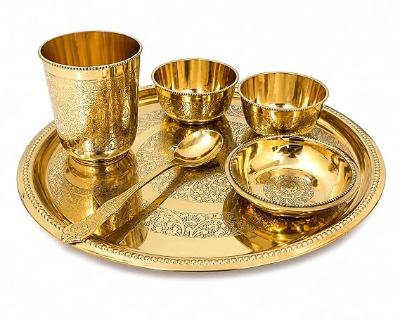 Premium Brass Dinner Thali Set | 12 Inch Traditional Dining Set with Bowls, Glass & Spoon |Festive Dining & Gifting