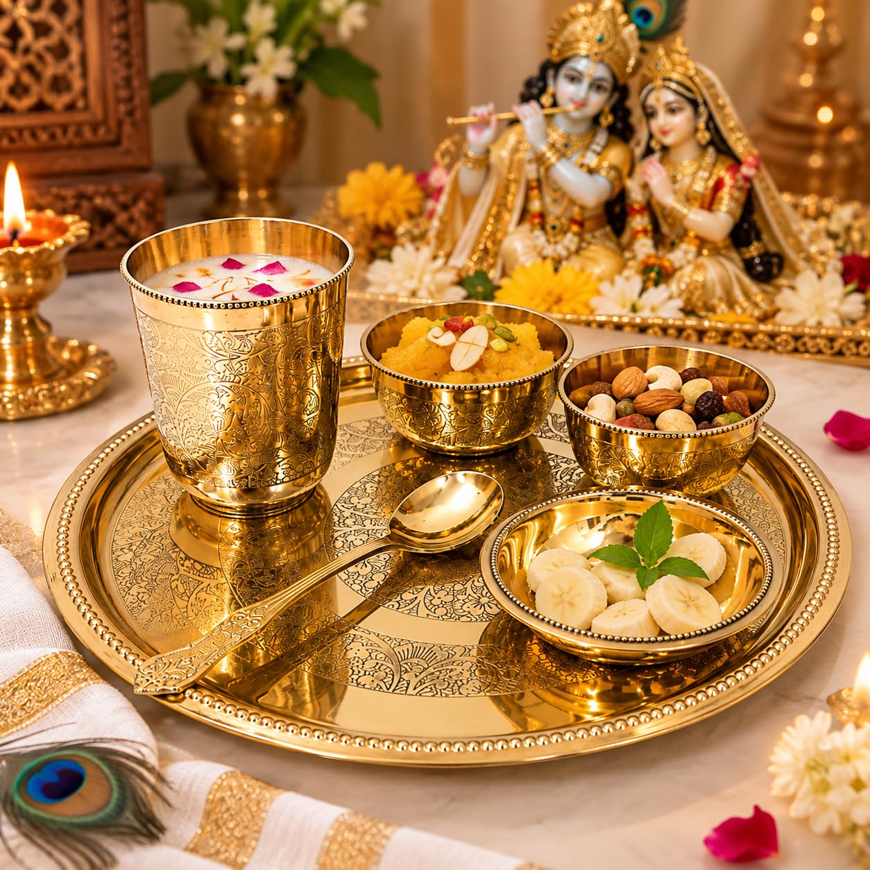 PITALAM Pure Brass Bhog Thali Set, 12 Inch, with Bowls, Glass & Spoon 2